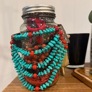Turquoise tone and Coral tone Beaded Mystery Jewelry Jar!